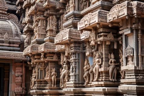 Close Up Of Intricate Details On A Hindu Temple Including Carvings And