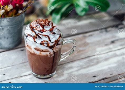 Hot Chocolate Cocoa In Glass Mug With Whipped Cream Stock Image Image Of Beverage Festive