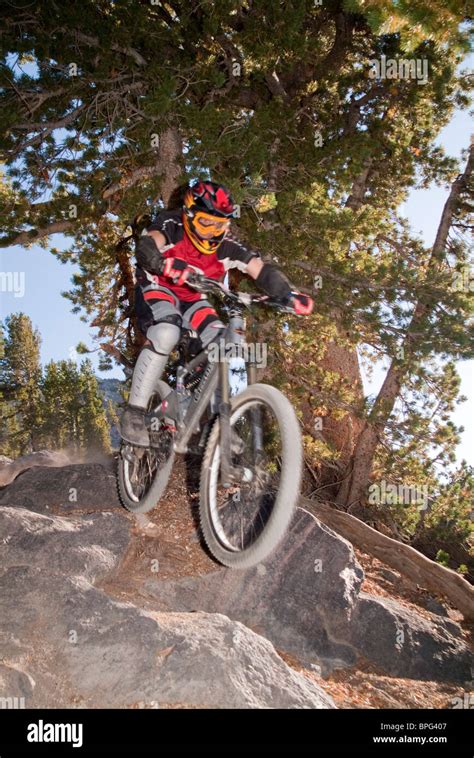 Man Mountain Biking And Catching Air Stock Photo Alamy