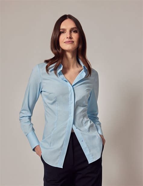 Bluse Slim Fit Baumwollstretch Verdeckte Knopfleiste Hellblau