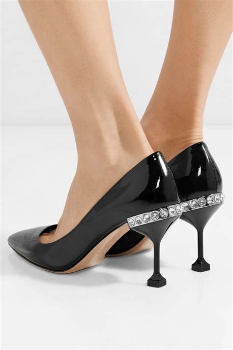 Miu Miu Crystal Embellished Patent Leather Pumps Shoes Post