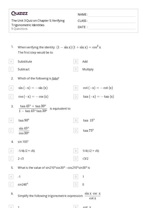 50 Trigonometric Identities Worksheets For 10th Year On Quizizz Free