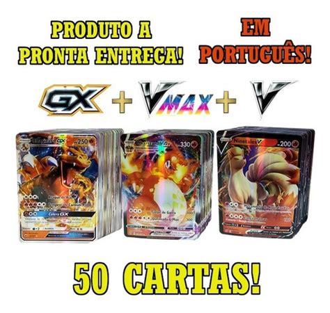 Lote 50 Cartas Pokémon Vmax v E Gx Holográficas Em Português