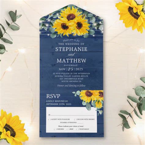 Sunflowers Eucalyptus String Lights Navy Wedding All In One Invitation Zazzle