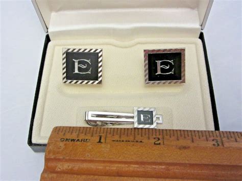 Vtg Swank Tie Clip Bar Cufflink Set Letter Initial E Gem