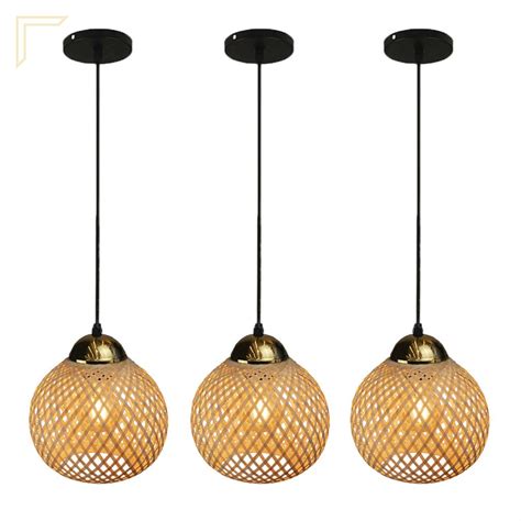 3 Pendente Em Fibra Natural Bambu Artesanal Lavabo Bancada E27 Nat02