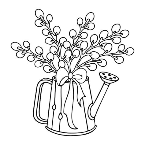 Premium Vector Watering Can With Pussy Willow Branches And Ribbon