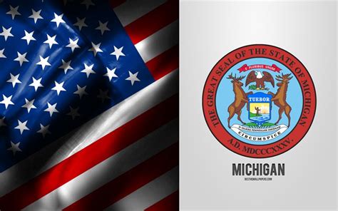 Download wallpapers Seal of Michigan, USA Flag, Michigan emblem ...