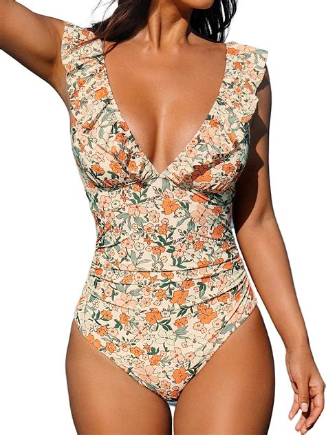 Cupshe Womens V Neck One Piece Swimsuit Ruffled Lace Up Monokini