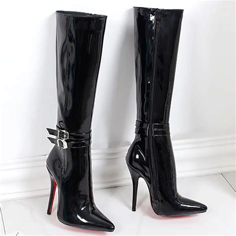 Women Shoes Boots High Heels Red Bottoms Mid Calf Boots Glossy Leather ...