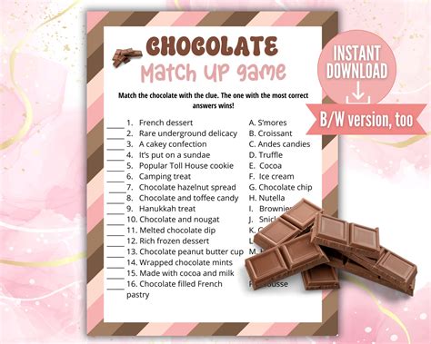 Chocolate Match Game, Chocolate Party Quiz Game, Sleepover Game, Family