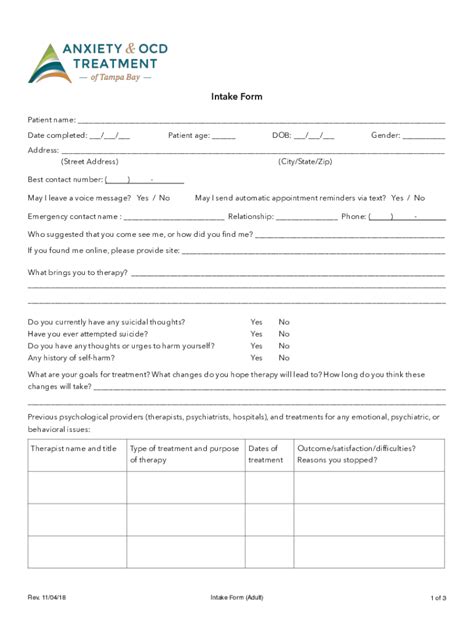 Fillable Online Intake Form For Adults Anxiety And Ocd Treatment Of