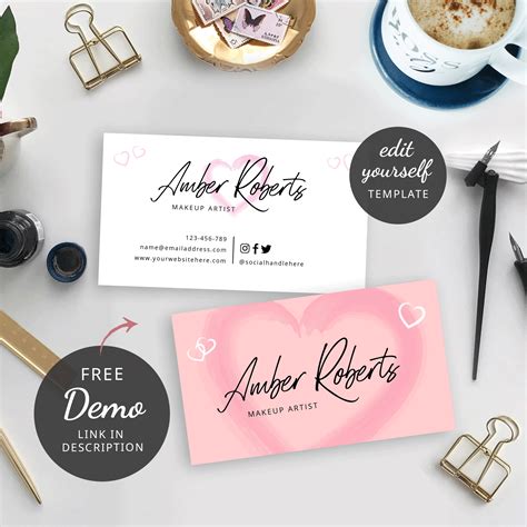 Feminine Business Card Template Pink Heart Customizable And Printable