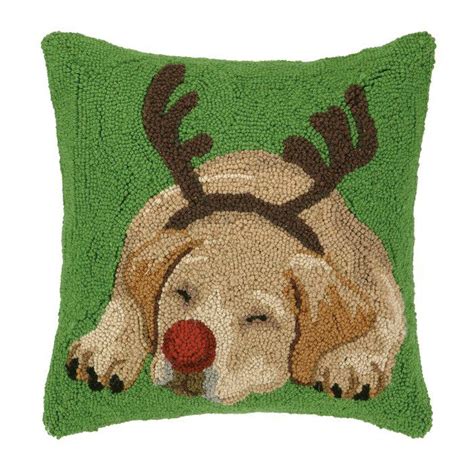 Reindeer Dog Hook Wool Throw Pillow Reindeer Dog Yellow Labrador