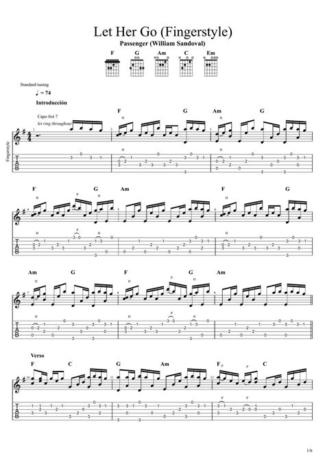 Passenger Let Her Go Fingerstyle Tab Staff By William Sandoval