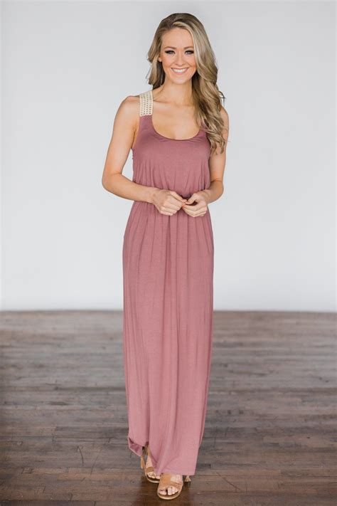 Gone Coastal ~ Mauve Crochet Racerback Maxi Dress Dresses Maxi Dress