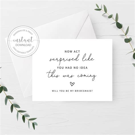 Funny Bridesmaid Proposal Card Template Printable Now Act Surprised B Plumpolkadot