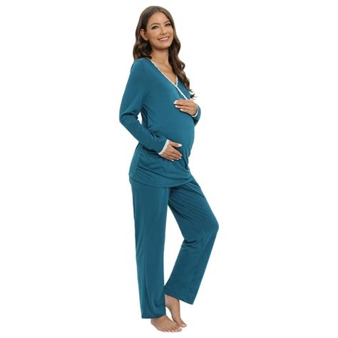 Womens Maternity Nursing Pajama Sets V Neck Breastfeeding Sleepwear Set Long Sleeve Lactating