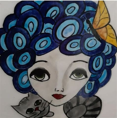 A Drawing Of A Woman With Blue Hair Holding A Cat