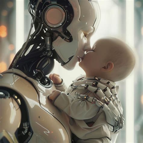 Photo Of Robot Woman Holding Baby In Her Arms Futuristic Setting