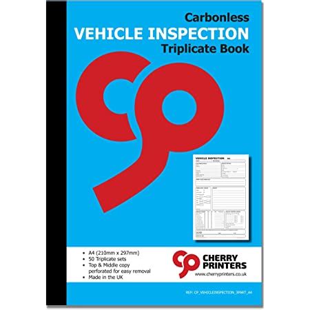 Cherry Carbonless NCR Vehicle Inspection Triplicate Book A4 50 Sets