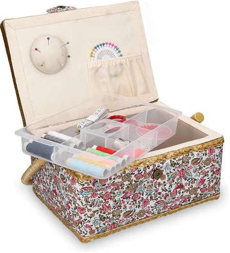 Navaris Sewing Box With Accessories Sew Basket With Organizer Tray