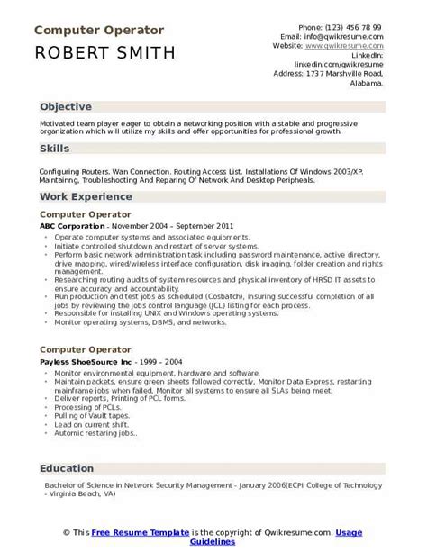 Computer Operator Resume Samples Qwikresume