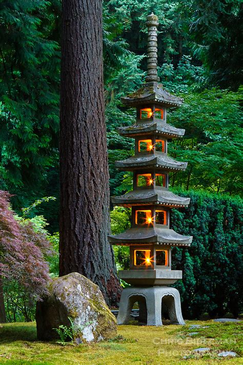 Pagoda Lantern Lit In Portland Japanese Garden Chris Bidleman Photography