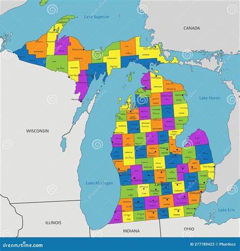 Colorido Mapa Político Michigan Con Capas Claramente Separadas