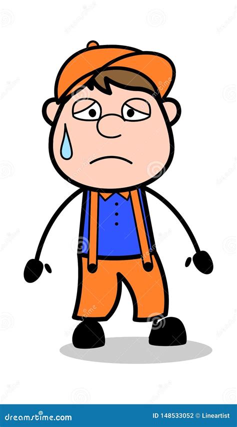 Depressed Retro Cartoon Carpenter Worker Vector Illustration Stock