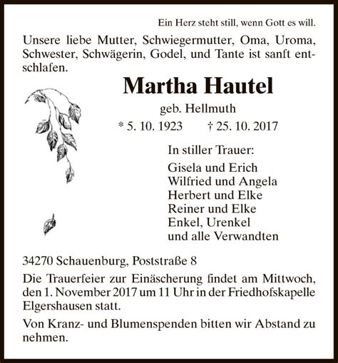 Traueranzeigen Von Martha Hautel Trauer HNA De