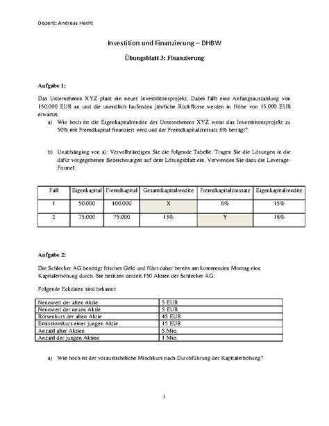 Übungsblatt 3 I F Übungen für Investition Finanzierung Dozent