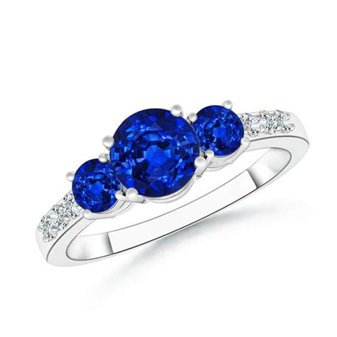 Three Stone Round Sapphire Ring With Diamond Accents Angara