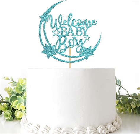 Welcome Baby Boy Cake Topper Glittery Blue Moon Star Baby Shower