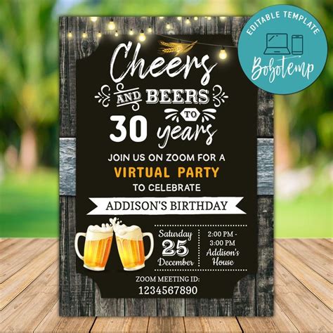 Printable Cheers And Beers Birthday Virtual Party Invitation Diy Createpartylabels