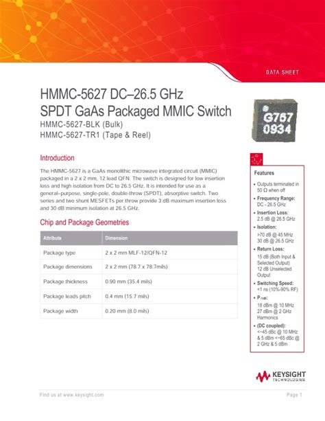 HMMC 5627 DC 26 5 GHz SPDT GaAs Packaged MMIC Switch PDF Asset Page