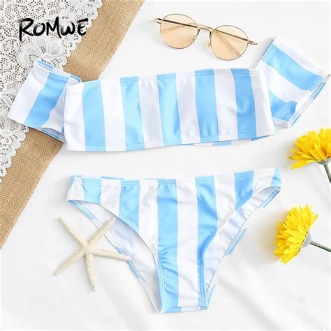 Aliexpress Buy Romwe Sport Striped Off Shoulder Bikini Set Women Block Color Cute Sexy