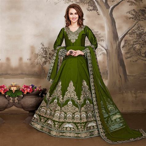 Buy Demanding Olive Green Designer Embroidered Work Party Wear Taffeta