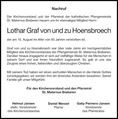 Traueranzeigen Von Lothar Graf Von Und Zu Hoensbroech Aachen Gedenkt