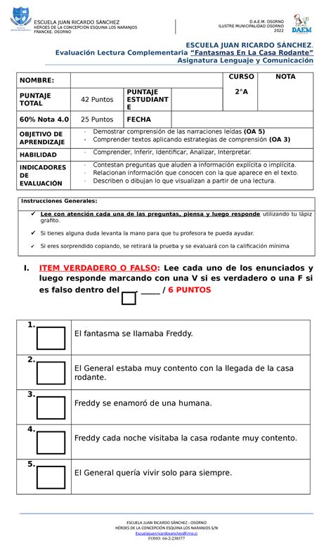 Evaluación 2A Fantasmas EN LA CASA Rodante ESCUELA JUAN RICARDO