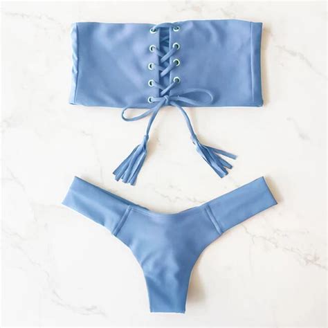 Sexy Bandeau Bikini Set Solid String Swimsuits For Women Swimming Suit Biquini Swimwear