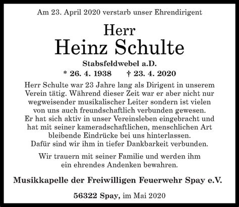 Traueranzeigen Von Heinz Schulte Rz Trauer De