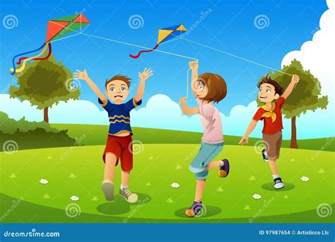 Kids Flying Kites in a Park Stock Vector - Illustration of flying ...