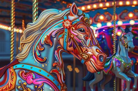 Premium Photo Whimsical Carousel With Brightly Painted Horses Oc