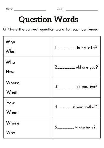 Question Words Worksheet For Grade 1 Or 2 Wh Questions Exercises For