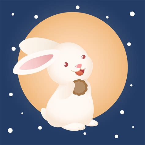 Cute Mid Autumn Festival Bunny Rabbit Holding Moon Cake With Moon