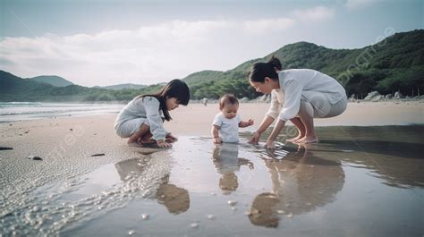 3 Wanita Bermain Di Pantai Dengan Anak Bayi Mereka Sebuah Keluarga