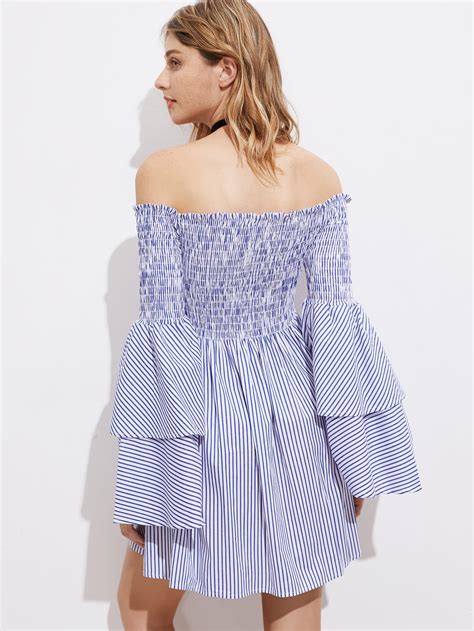 Shirred Off The Shoulder Bell Layered Sleeve Dress Shein Sheinside