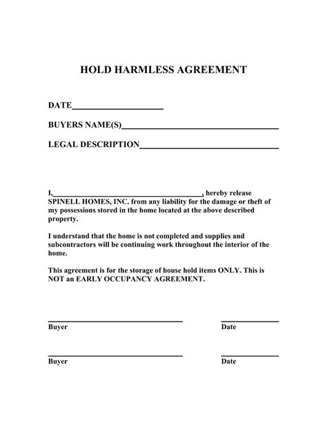 Free Printable Hold Harmless Agreement Templates PDF Word Real Estate