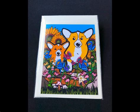 Psychedelic Corgi Flower Card Handmade Puppy Dog Floral Notecard For